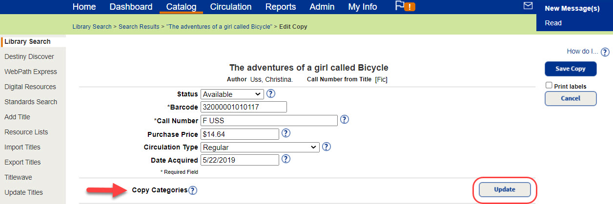 Edit Copy page with Update button next to Copy Categories highlighted.