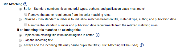 Title Matching section showing Strict and Relaxed options