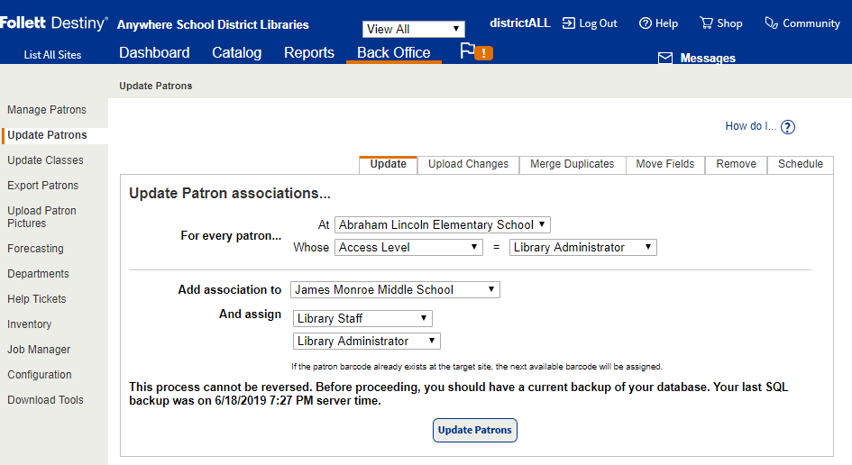 District Update Patron page Update Sub-tab with associations defined