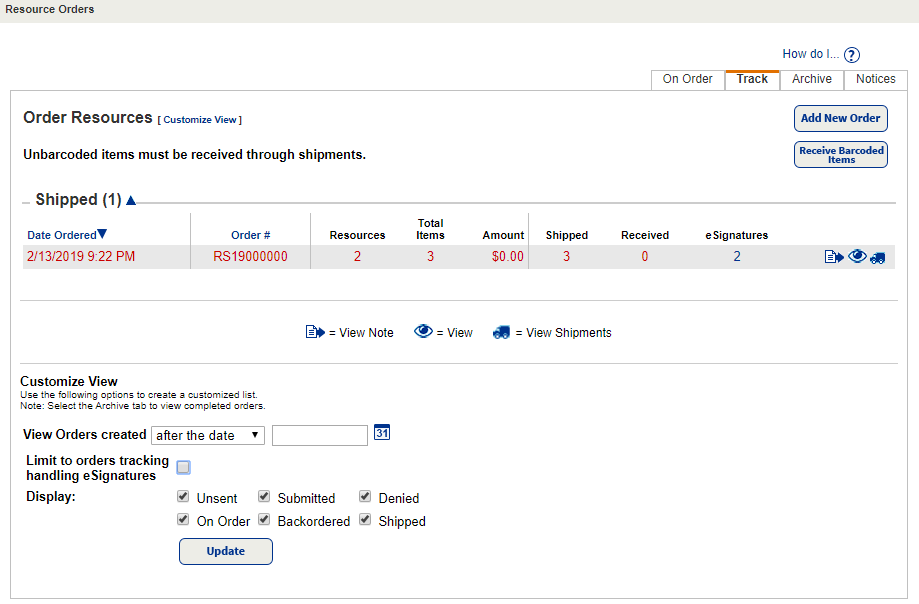 Catalog, Resource Orders, Track sub-tab, View shipment.