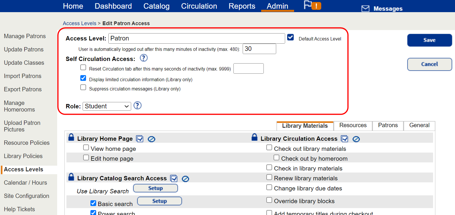 Available Self Circulation Access options. 